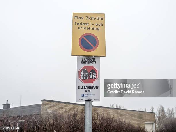 Warning signal that it reads 'Grannar Mot Brott, Tillsammans med' is seen on a residential neighbourhood on February 6, 2016 in Malmo, Sweden. Last...