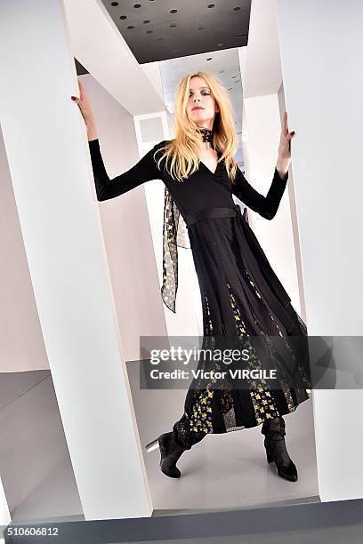 Model poses at the Diane Von Furstenberg Fall/Winter fashion show 2016 during New York Fashion Week on February 14, 2016 in New York City.