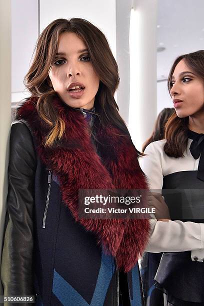 Model poses at the Diane Von Furstenberg Fall/Winter fashion show 2016 during New York Fashion Week on February 14, 2016 in New York City.