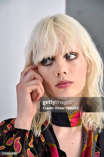 Model poses at the Diane Von Furstenberg Fall/Winter fashion show 2016 during New York Fashion Week on February 14, 2016 in New York City.