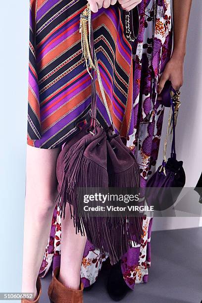 Model poses at the Diane Von Furstenberg Fall/Winter fashion show 2016 during New York Fashion Week on February 14, 2016 in New York City.