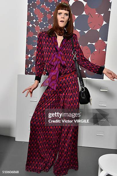 Model poses at the Diane Von Furstenberg Fall/Winter fashion show 2016 during New York Fashion Week on February 14, 2016 in New York City.