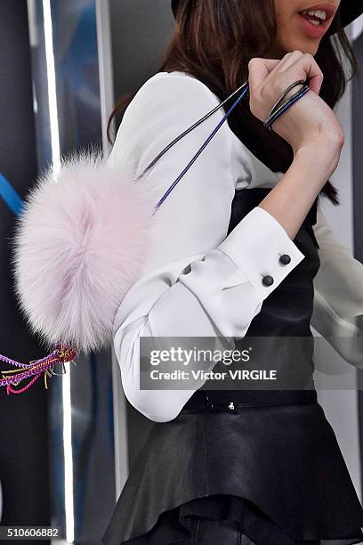 Model poses at the Diane Von Furstenberg Fall/Winter fashion show 2016 during New York Fashion Week on February 14, 2016 in New York City.