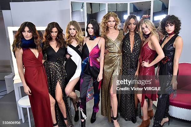 Lily Aldridge, Irina Shayk, Gigi Hadid, Kendall Jenner, Karlie Kloss, Jourdan Dunn, Elsa Hosk and Alanna Arrington pose at the Diane Von Furstenberg...