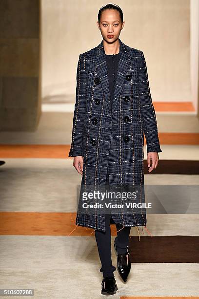 Model walks the runway at the Victoria Beckham Fall/Winter 2016 fashion show during New York Fashion Week on February 14, 2016 in New York City.