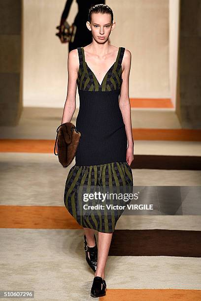 Model walks the runway at the Victoria Beckham Fall/Winter 2016 fashion show during New York Fashion Week on February 14, 2016 in New York City.