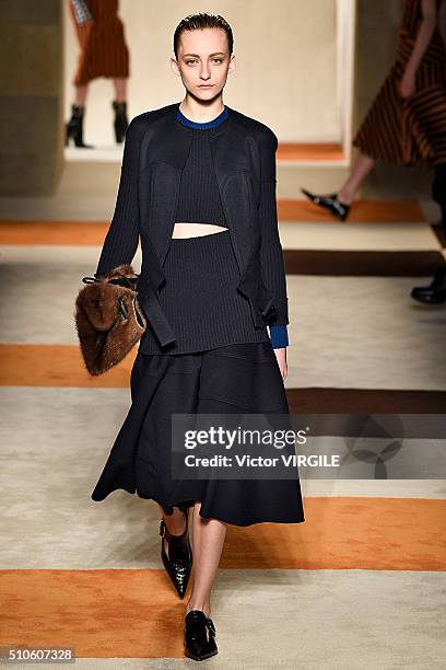 Model walks the runway at the Victoria Beckham Fall/Winter 2016 fashion show during New York Fashion Week on February 14, 2016 in New York City.