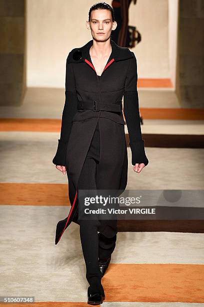 Model walks the runway at the Victoria Beckham Fall/Winter 2016 fashion show during New York Fashion Week on February 14, 2016 in New York City.