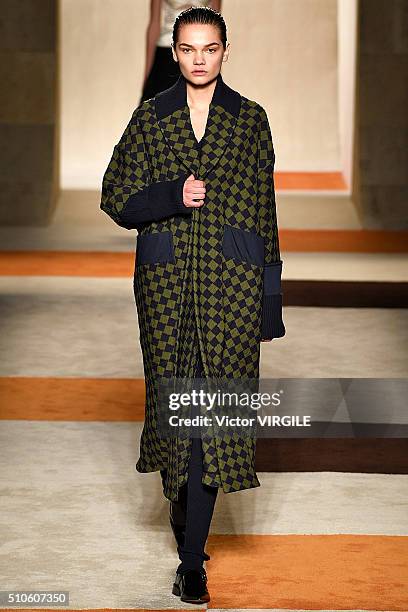 Model walks the runway at the Victoria Beckham Fall/Winter 2016 fashion show during New York Fashion Week on February 14, 2016 in New York City.