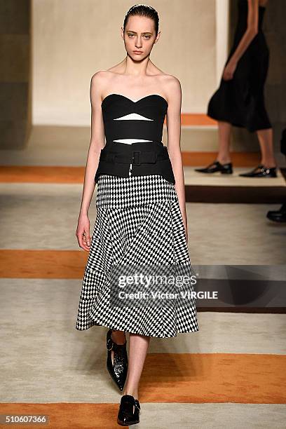 Model walks the runway at the Victoria Beckham Fall/Winter 2016 fashion show during New York Fashion Week on February 14, 2016 in New York City.