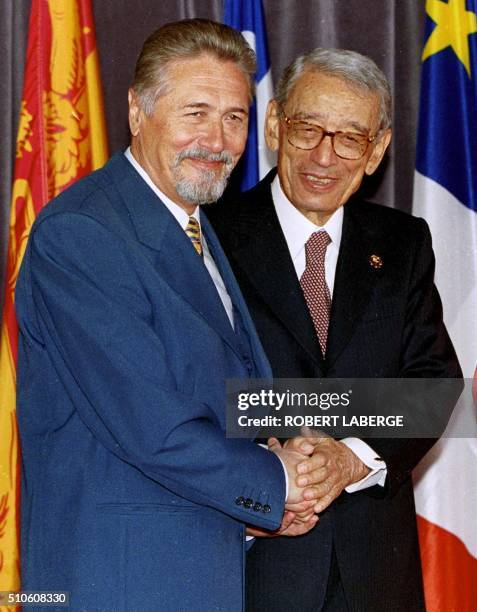 Romanian President Emil Constantinescu and Boutros Boutros-Ghali General Secretary of "La Francophonie" shakes hands a few minutes before the opening...