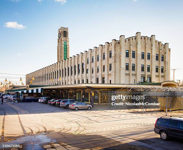 montreal verdun marche atwater market on clear winter day - montreal clock tower stock pictures, royalty-free photos & images