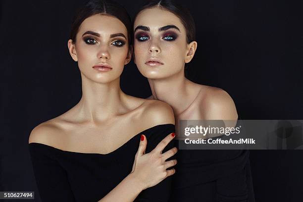 portrait of a fresh and lovely women - two girls brown hair stock pictures, royalty-free photos & images