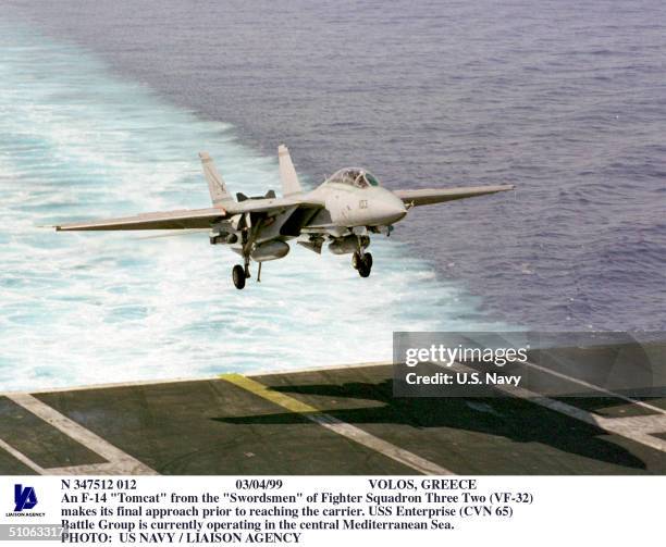 Volos, Greece An F-14 "Tomcat" From The "Swordsmen" Of Fighter Squadron Three Two Makes Its Final Approach Prior To Reaching The Carrier. USS...