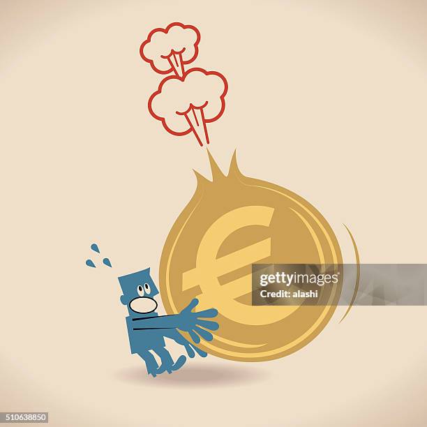 businesswoman holding a deflating (exploding) euro currency sign coin - deflated stock illustrations