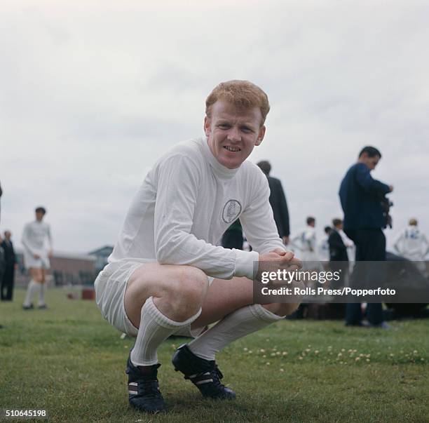 Scottish footballer and midfielder with Leeds United, Billy Bremner pictured during a training session outside Leeds United's Elland Road stadium in...