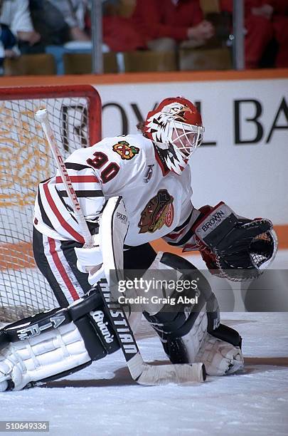 Ed Belfour of the Chicago Black Hawks skates in warmup prior to a game against the Toronto Maple Leafs on February 29, 1992 at Maple Leaf Gardens in...