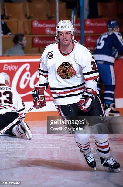 Stephane Matteau of the Chicago Black Hawks skates in warmup prior to a game against the Toronto Maple Leafs on February 29, 1992 at Maple Leaf...