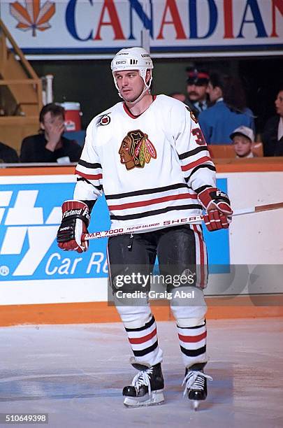 Stephane Matteau of the Chicago Black Hawk prepares for the face-off against the Toronto Maple Leafs during game action on February 29, 1992 at Maple...