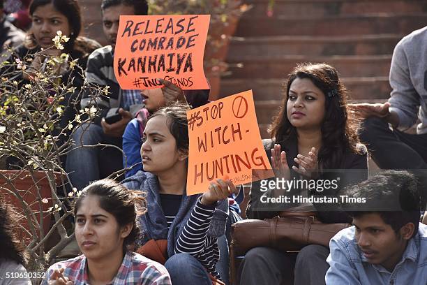 Students protest march against Central Government at JNU campus, demand the release of Kanhaiya Kumar who was arrested on sedition charge in...