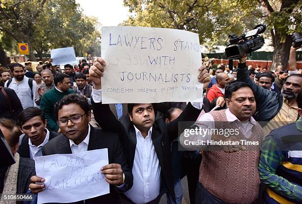 Hundreds of journalists and lawyers hold a protest march against the attack on media persons covering the hearing of a sedition case of student's...