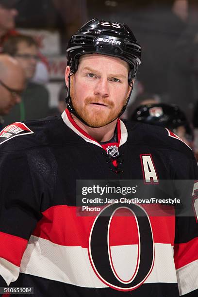 Chris Neil of the Ottawa Senators looks on during an NHL game against the Colorado Avalanche at Canadian Tire Centre on February 11, 2016 in Ottawa,...