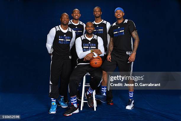 Dwyane Wade, Al Horford, Chris Bosh, Carmelo Anthony and LeBron James of the Eastern Conference pose for a portrait during NBA All-Star Weekend on...