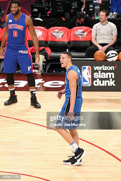 Aaron Gordon of the Orlando Magic celebrates during the Verizon Slam Dunk Contest as part of NBA All-Star 2016 on February 13, 2016 at Air Canada...