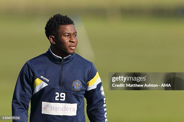 Larnell Cole of Shrewsbury Town during a training session ahead of their FA Cup tie against Manchester United at the Lilleshall Hall National Sports...