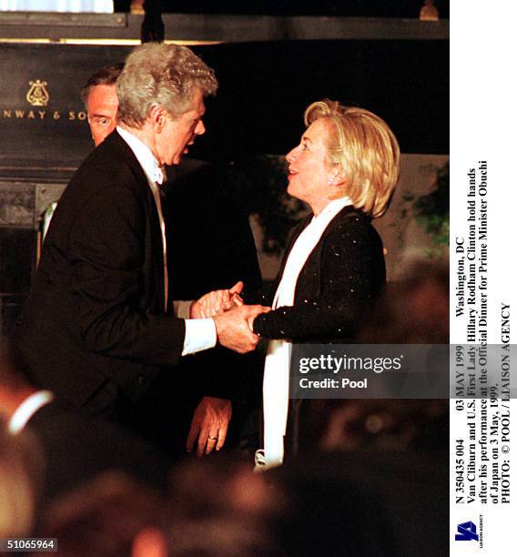 May 1999 Washington, Dc Van Cliburn And U.S. First Lady Hillary Rodham Clinton Hold Hands After His Performance At The Official Dinner For Prime...