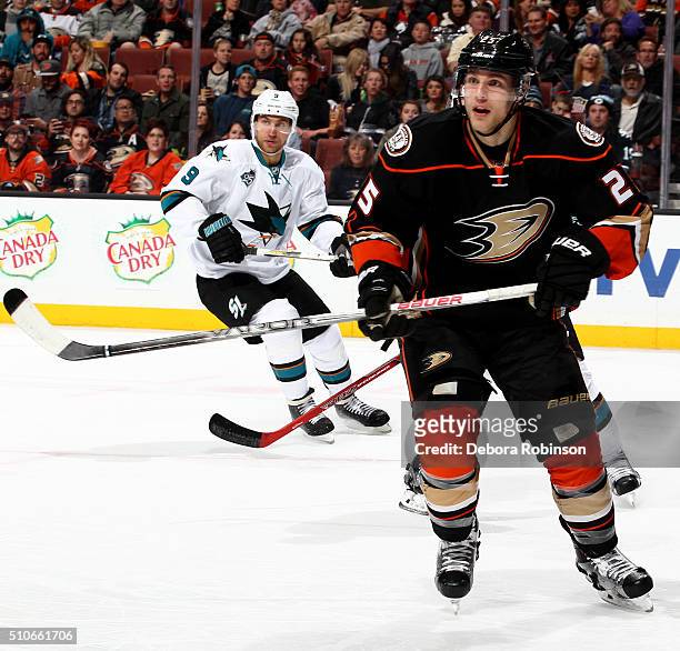 Mike Santorelli of the Anaheim Ducks skates during the game against the San Jose Sharks on February 2, 2016 at Honda Center in Anaheim, California.