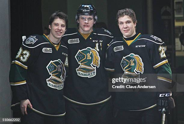 The 3 stars Mitchell Marner, Christian Dvorak, and Robert Thomas of the London Knights pose for a photo after play against the Flint Firebirds in an...