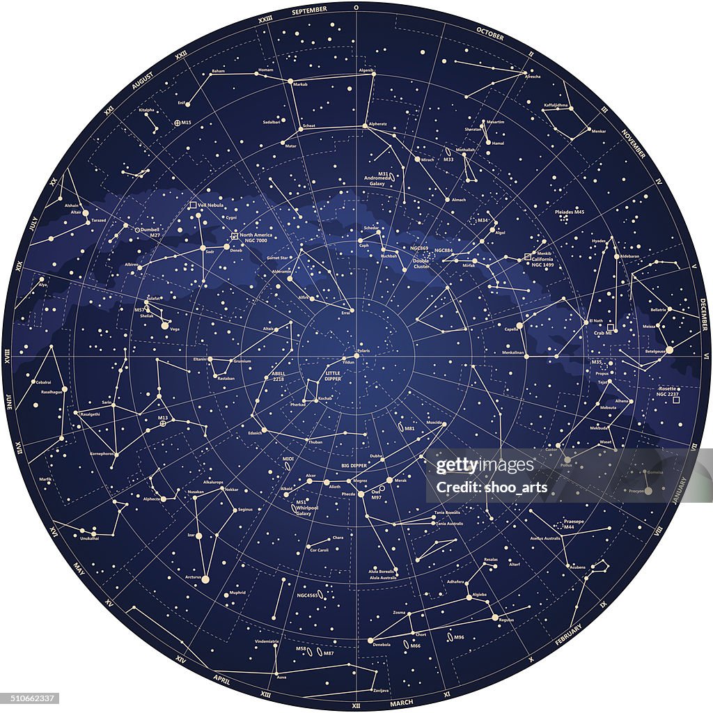 Detailed Sky Map Northern Hemisphere With Names Of Stars Vector High