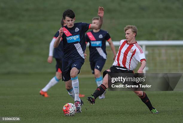 Kelland Watts of Newcastle challenges Daniel Wright of Sunderland during the U18 Premier League Match between Sunderland and Newcastle United a at...