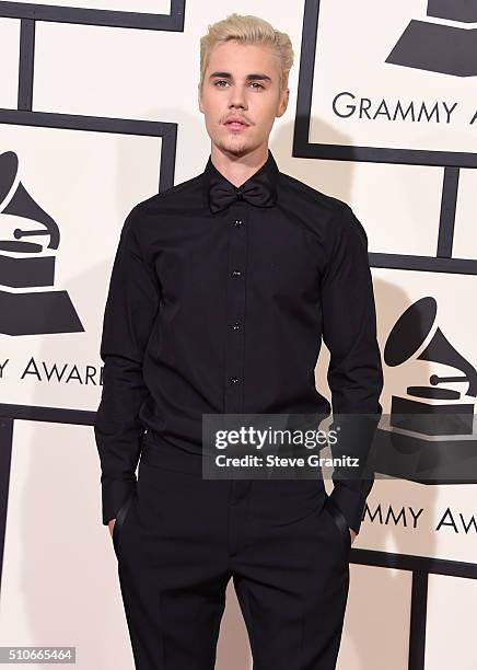 Justin Bieber arrives at the The 58th GRAMMY Awards at Staples Center on February 15, 2016 in Los Angeles City.