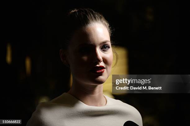 Holliday Grainger is interviewed at "The Finest Hours" Gala Premiere at the Ham Yard Hotel on February 16, 2016 in London, England.