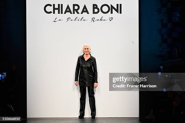 Designer Chiara Boni greets the audience at the Chiara Boni La Petite Robe Fall 2016 during New York Fashion Week: The Shows at The Dock, Skylight at...