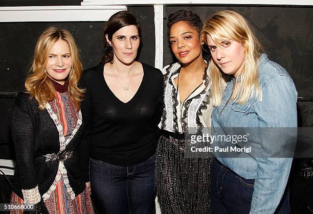 Actress Jennifer Jason Leigh, designer Laura Mulleavy, actress Tessa Thompson and designer Kate Mulleavy pose for a photo backstage at the Rodarte...