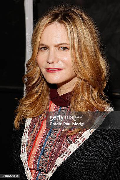 Actress Jennifer Jason Leigh poses for a photo backstage at the Rodarte Fall 2016 fashion show during New York Fashion Week on February 16, 2016 in...