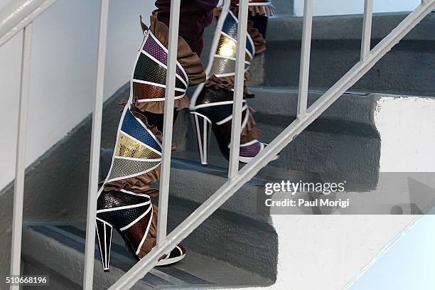 Boot detail backstage at the Rodarte Fall 2016 fashion show during New York Fashion Week on February 16, 2016 in New York City.