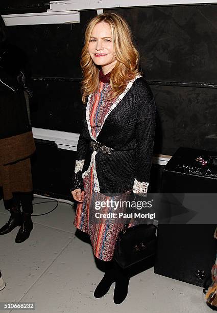 Actress Jennifer Jason Leigh poses for a photo backstage at the Rodarte Fall 2016 fashion show during New York Fashion Week on February 16, 2016 in...