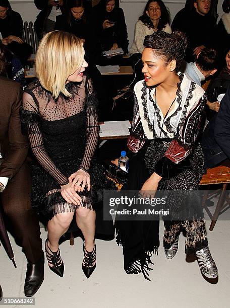 Actresses Kristen Dunst and Tessa Thompson attend the Rodarte Fall 2016 fashion show during New York Fashion Week on February 16, 2016 in New York...