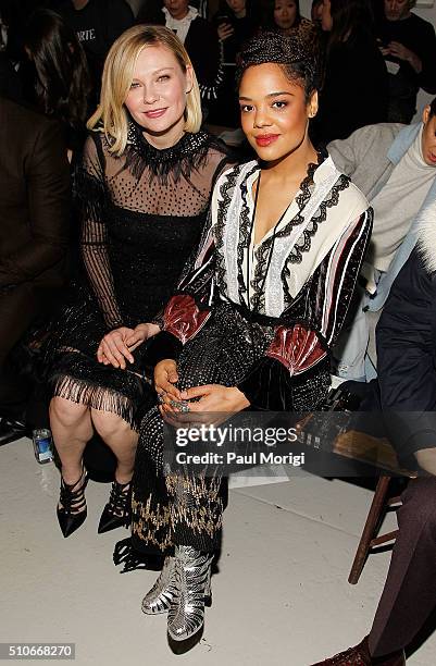 Actresses Kristen Dunst and Tessa Thompson attend the Rodarte Fall 2016 fashion show during New York Fashion Week on February 16, 2016 in New York...