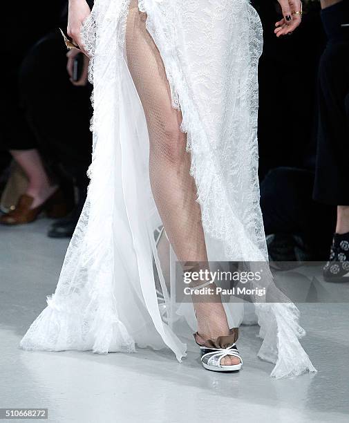 Shoe and dress detail at the Rodarte Fall 2016 fashion show during New York Fashion Week on February 16, 2016 in New York City.