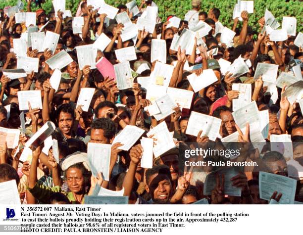 August 30: Voting Day: In Maliana, Voters Jammed The Field In Front Of The Polling Station To Cast Their Ballots Proudly Holding Their Registration...