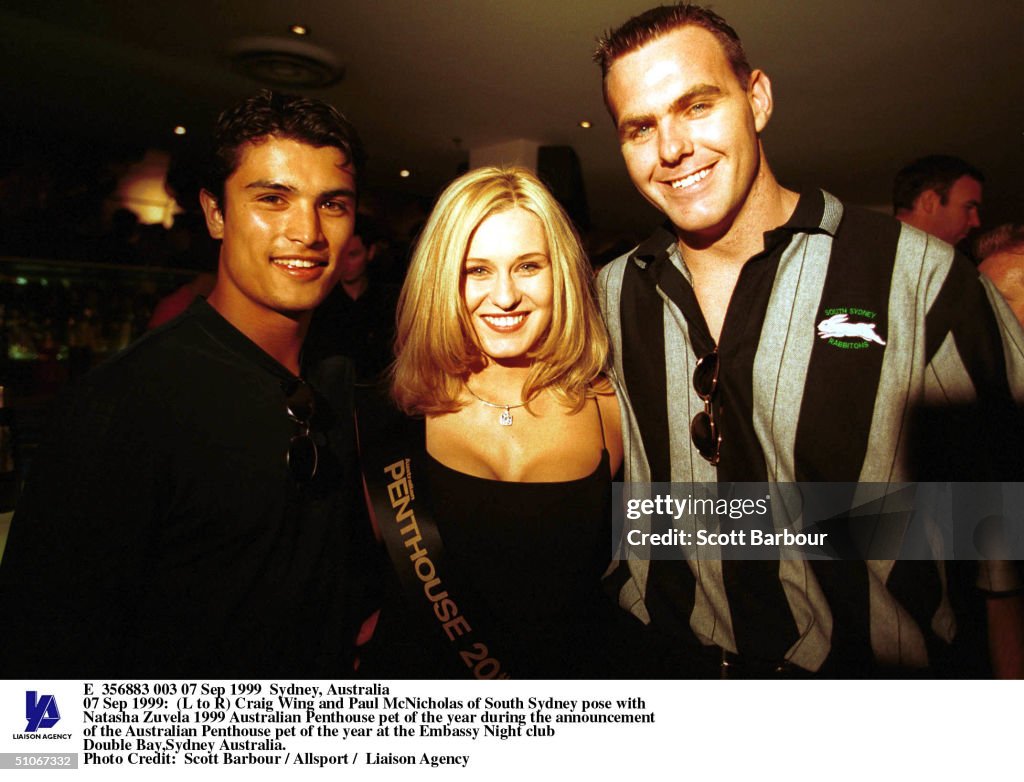 Craig Wing And Paul Mcnicholas Of South Sydney Pose With Natasha Zuvela 1999 A