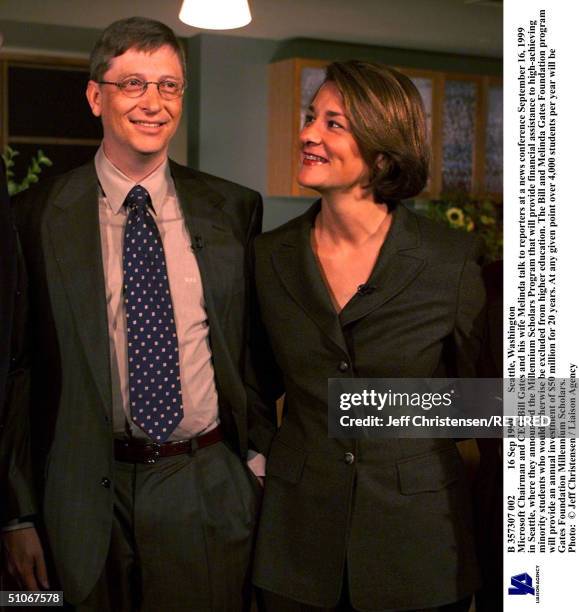 Sep 1999 Seattle, Washington Microsoft Chairman And Ceo Bill Gates And His Wife Melinda Talk To Reporters At A News Conference September 16, 1999 In...