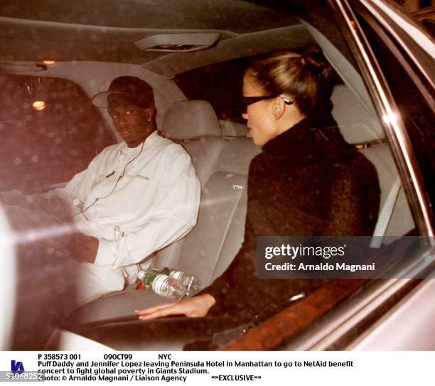 09Oct99 Nyc Puff Daddy And Jennifer Lopez Leaving Peninsula Hotel In Manhattan To Go To Netaid Benefit Concert To Fight Global Poverty In Giants...