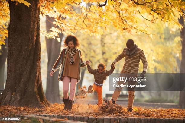 playful african american family walking in autumn park. - young leafs stockfoto's en -beelden