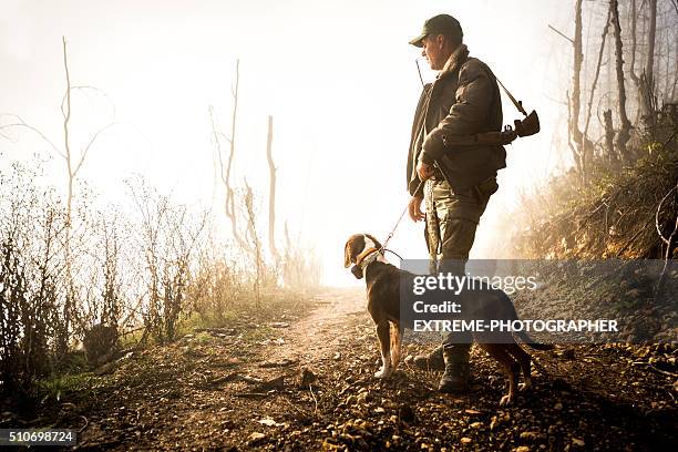 caçador e o seu cão na floresta - pic hunter imagens e fotografias de stock